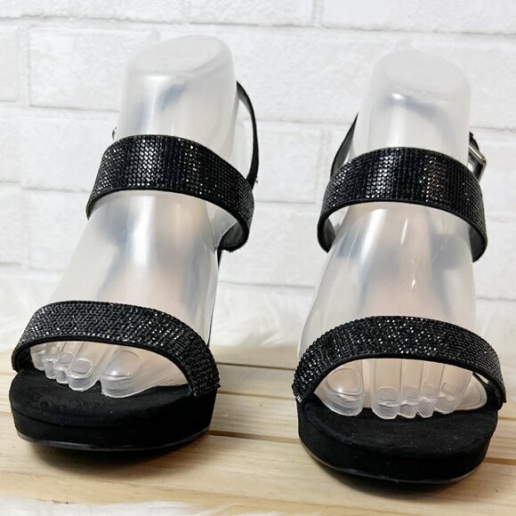 Nina Adila Black Wedge Rhinestone Slingback Open Toe Sandal Women's Size 9M - Picture 4 of 9